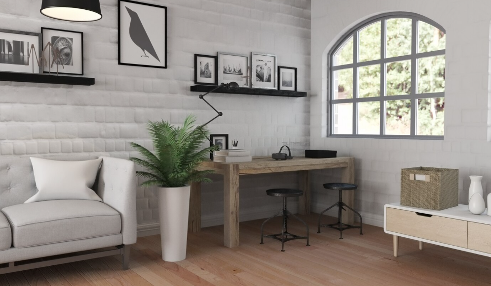 multi-purpose living spaces combining home office workspace and relaxation area